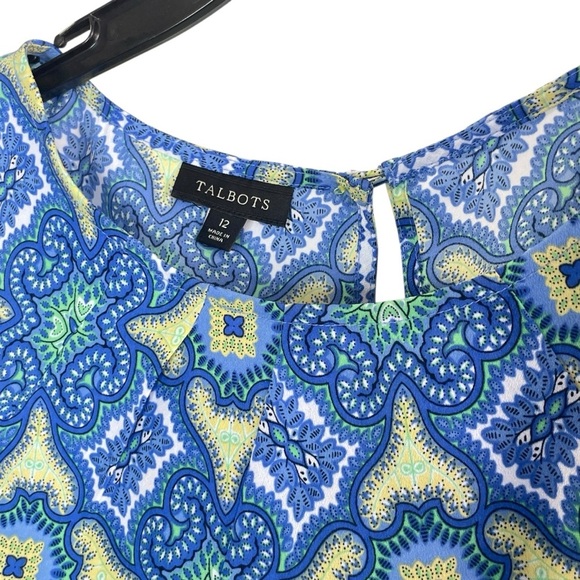 Talbots Women's Top Size 12 Sleeveless Yellow Blue Floral Lightweight Medallion - Picture 4 of 10